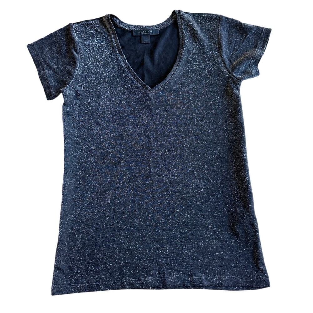 AllSaints XS Black Silver Metallic Shimmer V-Neck Short Sleeve Knit Top